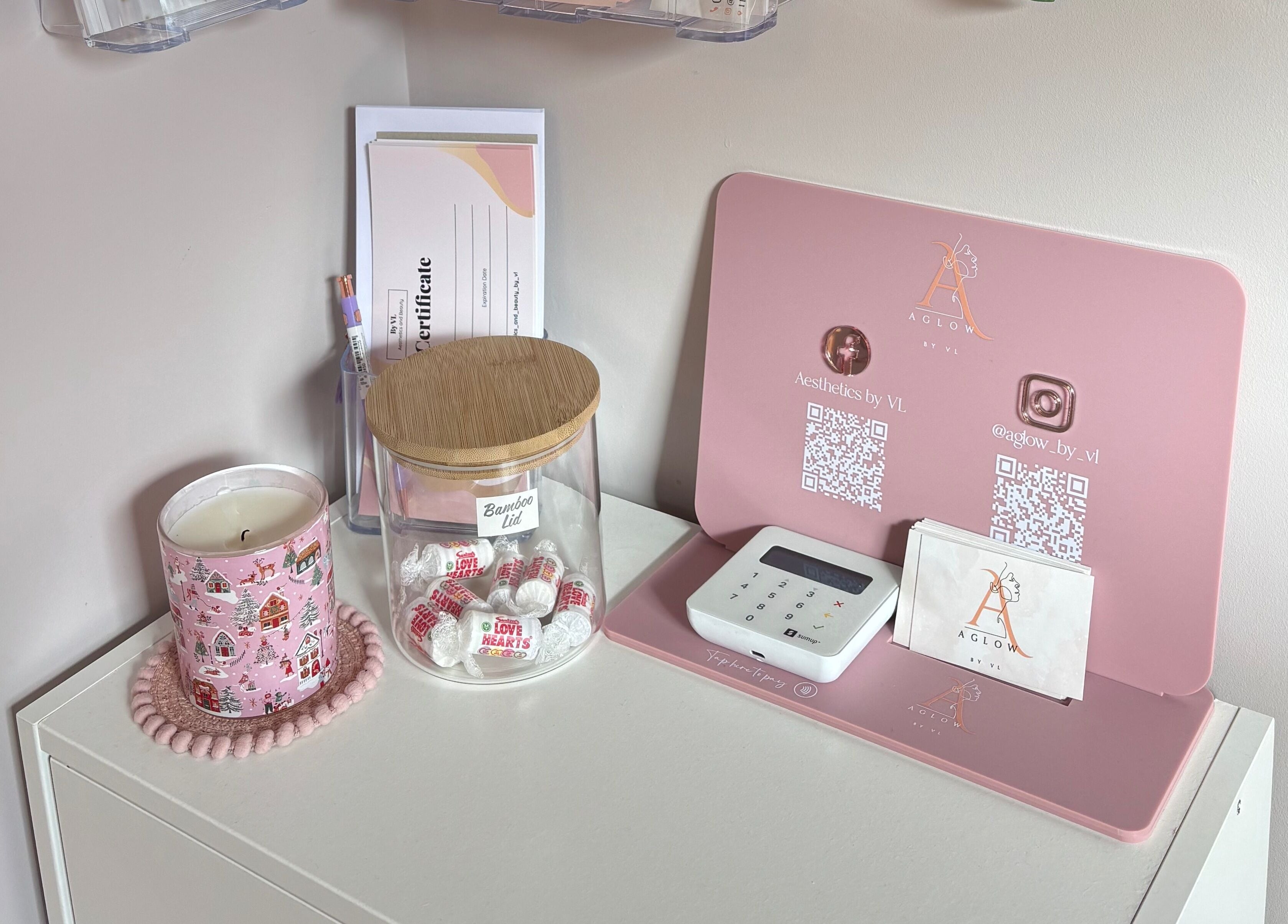 Aglow by VL venue decor in Essington, England, GB with aesthetic pink setup and branded items.