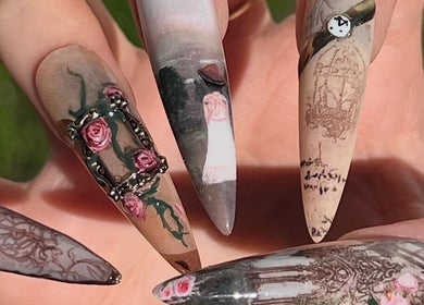 Exquisite nail art featuring intricate designs at Pressed Beans in Montréal, Québec, CA.