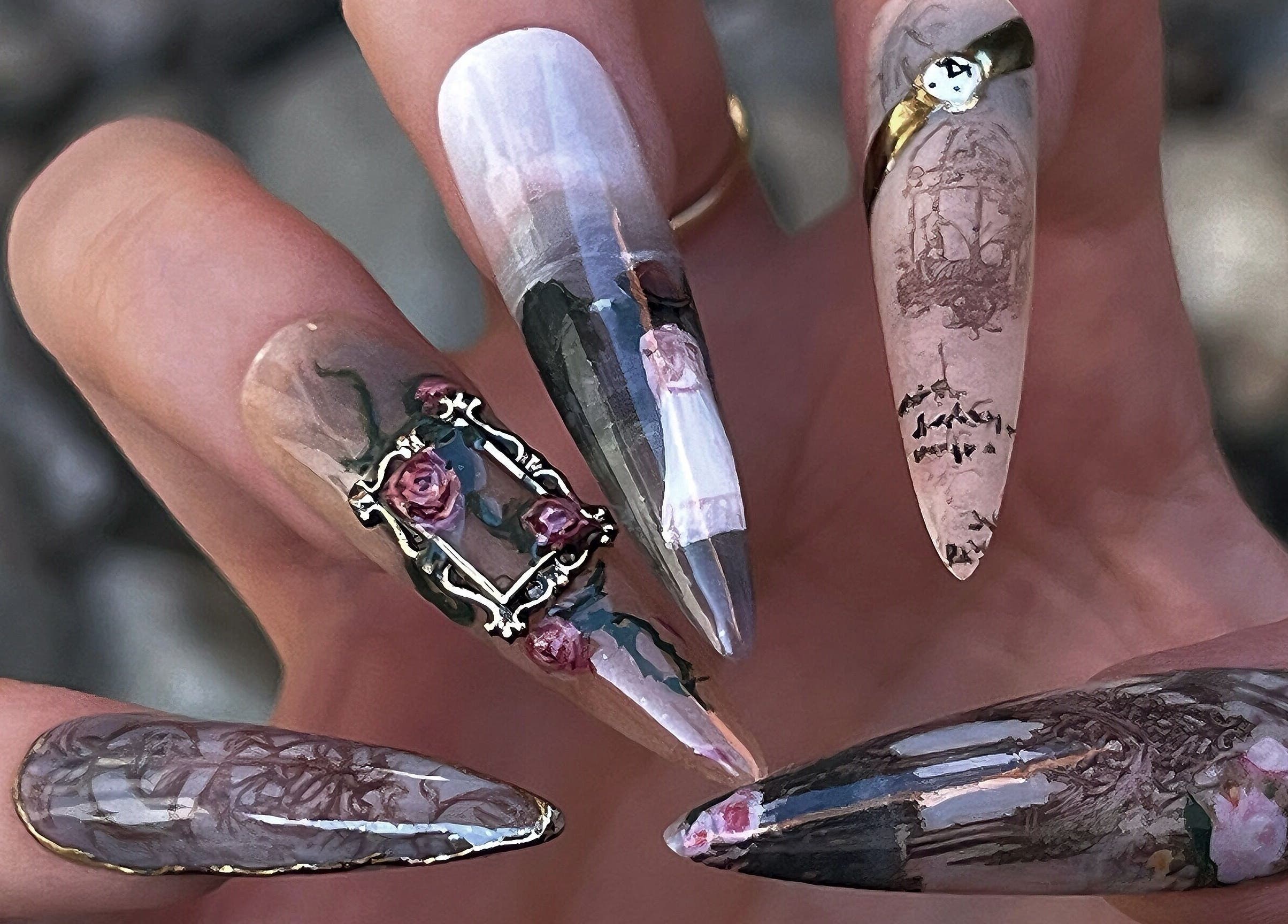 Elegant gothic nail art with intricate details at Pressed Beans, Montréal, Québec, CA.