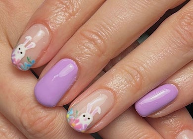Lavender nails with bunny art at Gracie's Nail Lab, West Bromwich, England, GB.