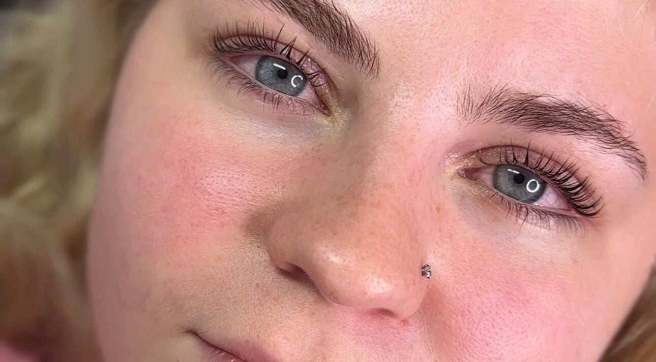 Close-up of radiant eyes and well-groomed eyebrows at Corby, Home Salon, Weldon, England, GB.