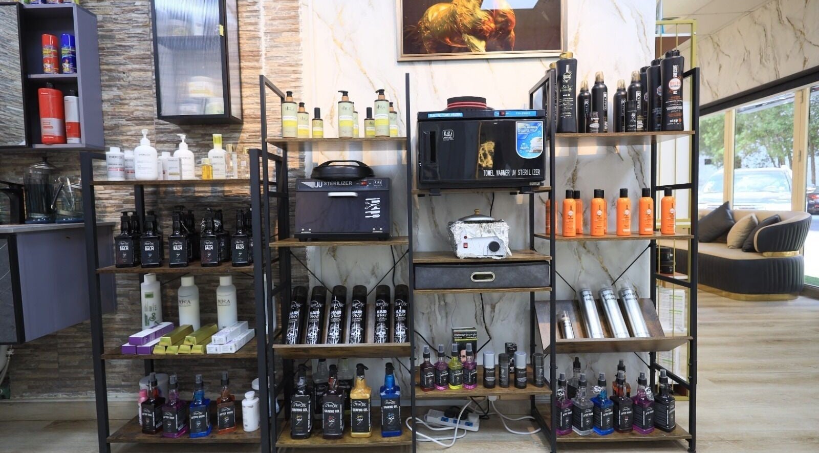 Product display shelves at Leaders Palace Gents Care Facility, Sharjah, Sharjah, AE showcasing quality grooming products.