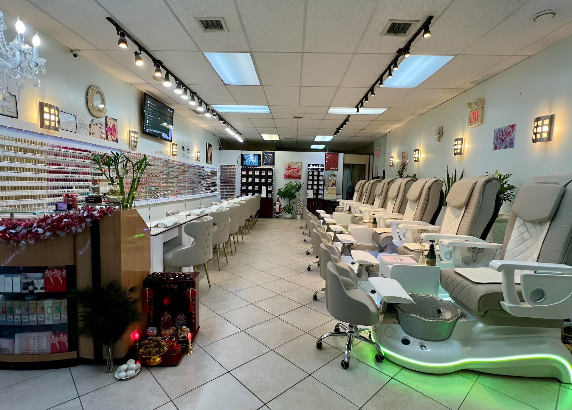 Elegant interior of Castle Nails and Spa Inc in Tewksbury, Massachusetts, US, showcasing stylish pedicure chairs.