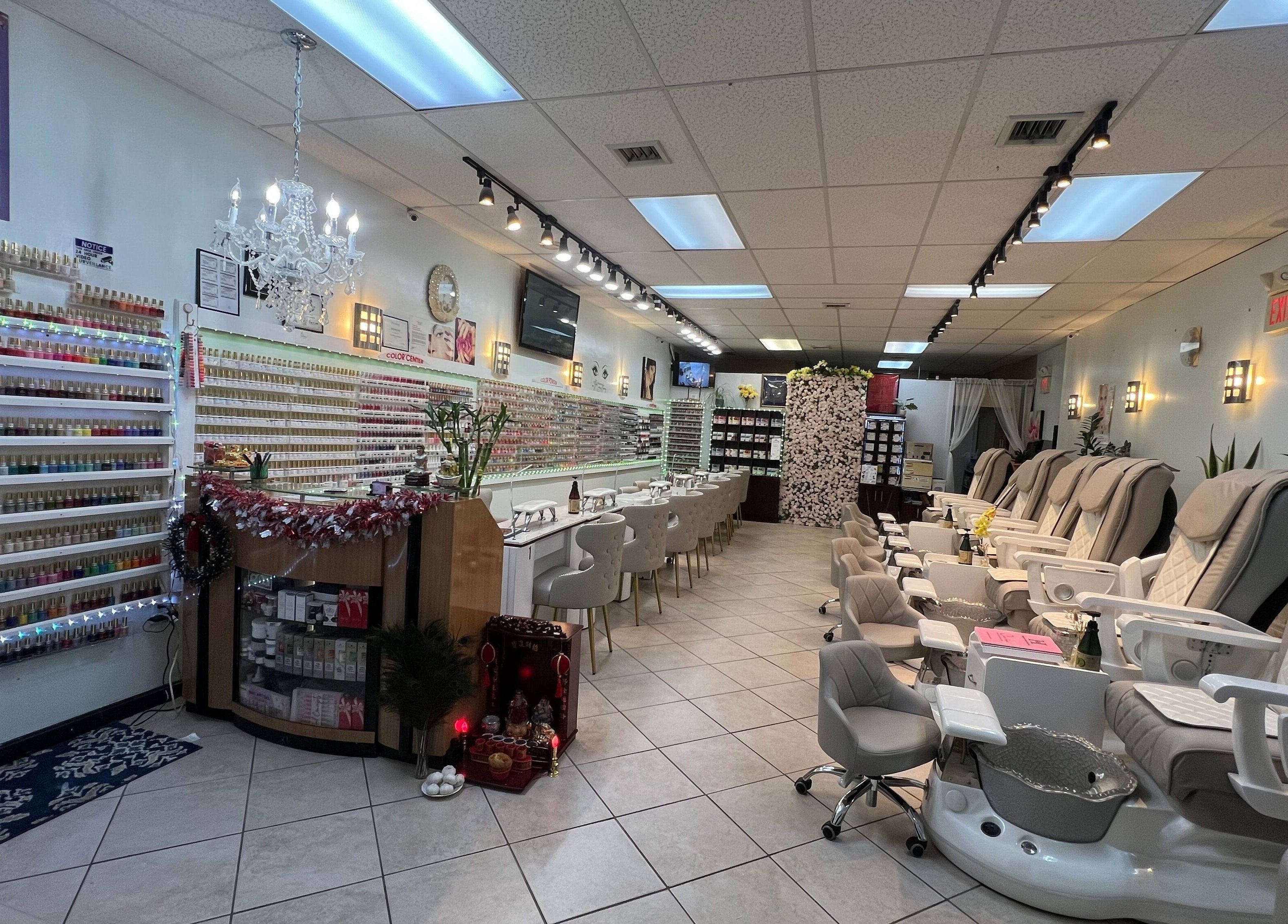 Elegant interior of Castle Nails and Spa Inc featuring luxurious seating in Tewksbury, Massachusetts, US.