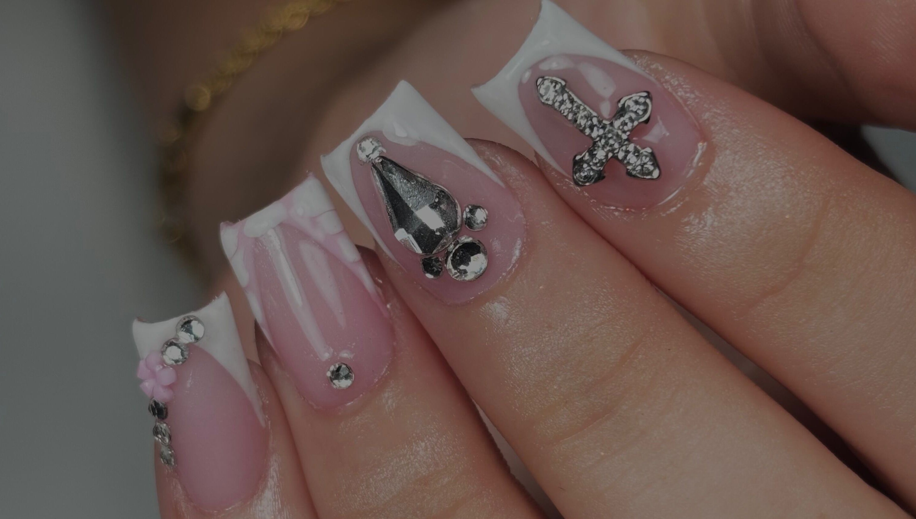 Elegant nail art with crystals at Nanesdivinedit, Flagstone, Queensland, AU.