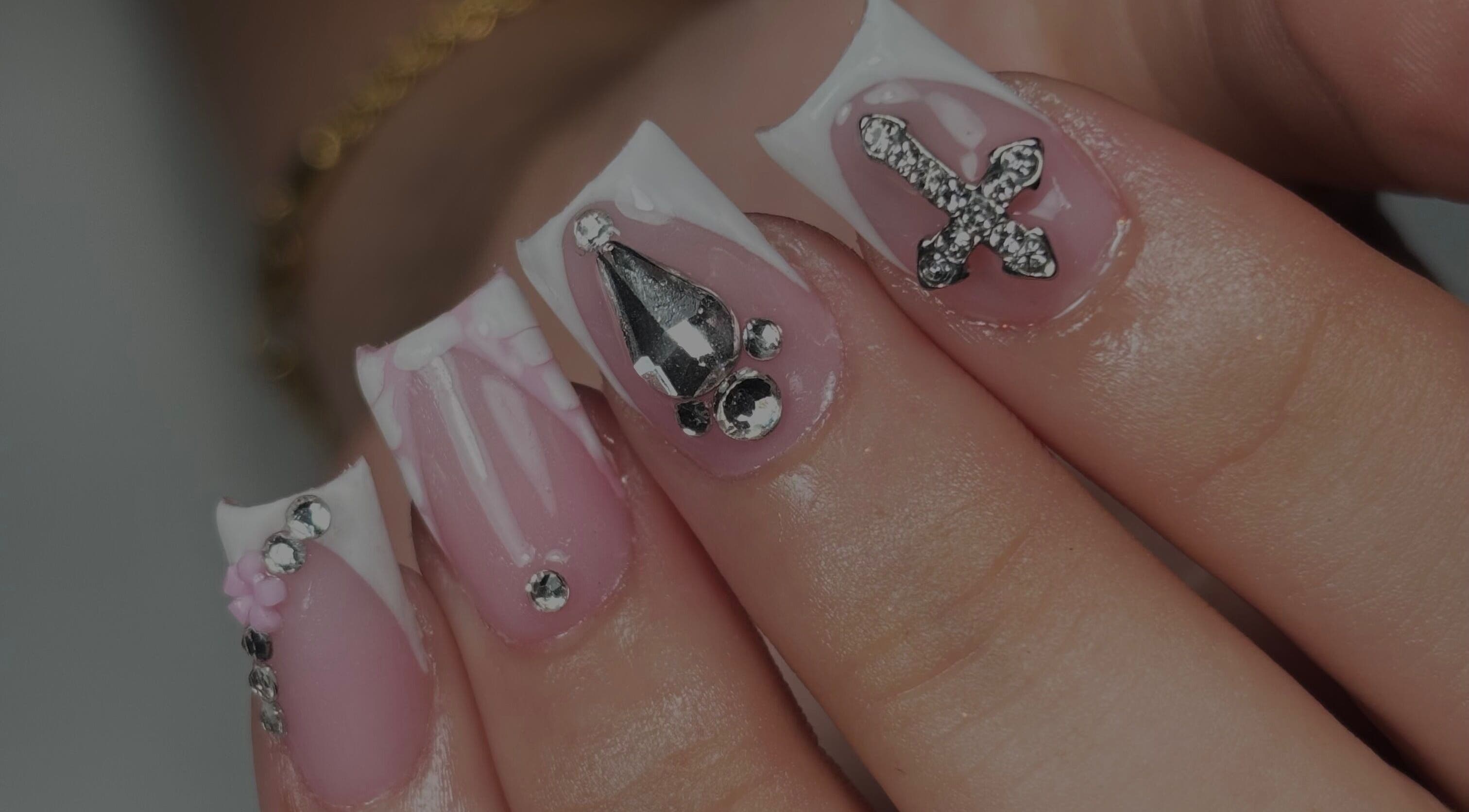 Elegant nail art with crystals at Nanesdivinedit, Flagstone, Queensland, AU.