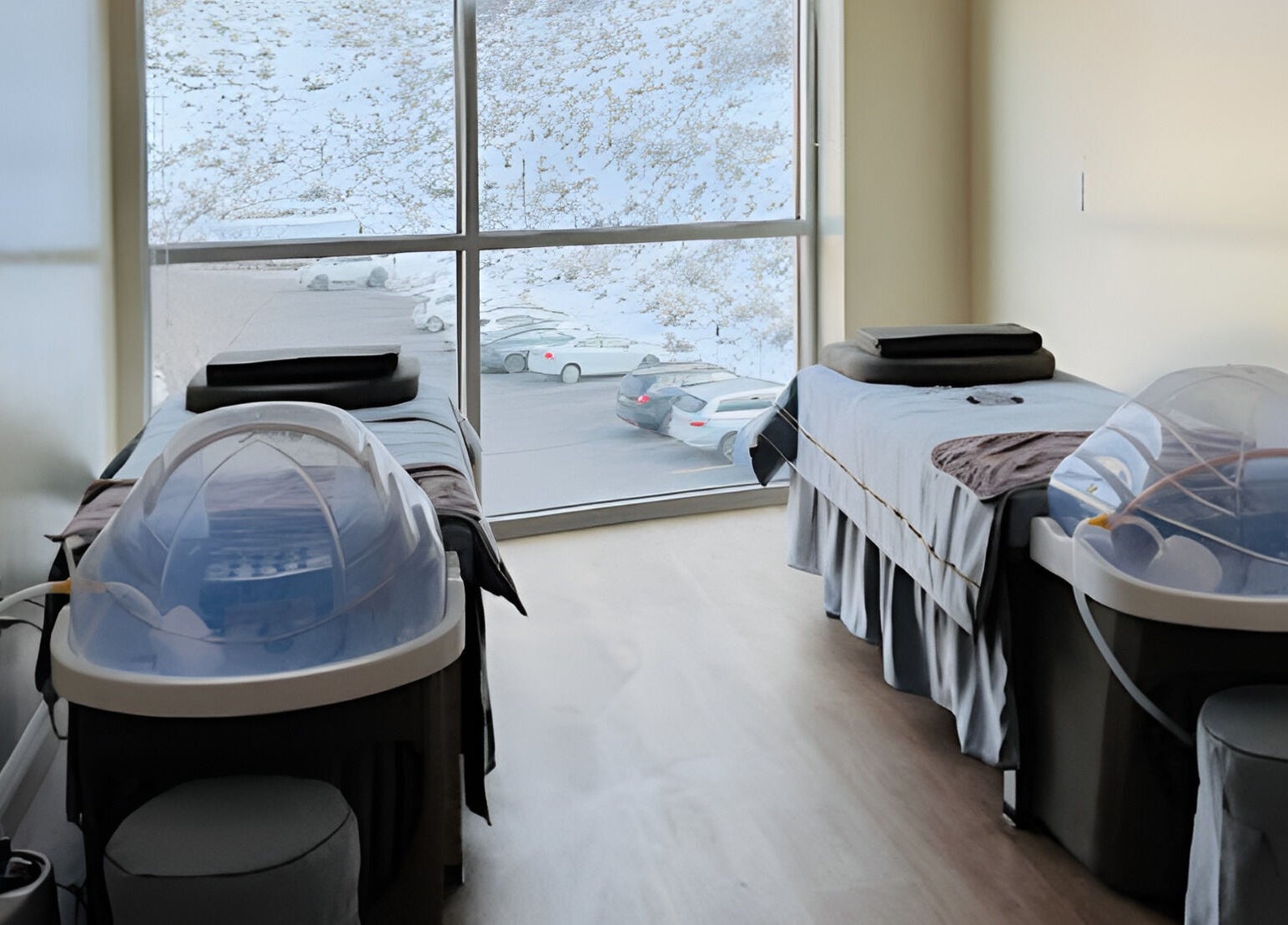 Relaxing spa room at YU HEAD SPA & WELLNESS CENTER, Sandy, Utah, US, featuring two massage tables with a snowy view.