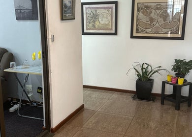 Serene entrance with plants and art at Serenity Wellness & Beauty Spa, Gqeberha, Eastern Cape, ZA.