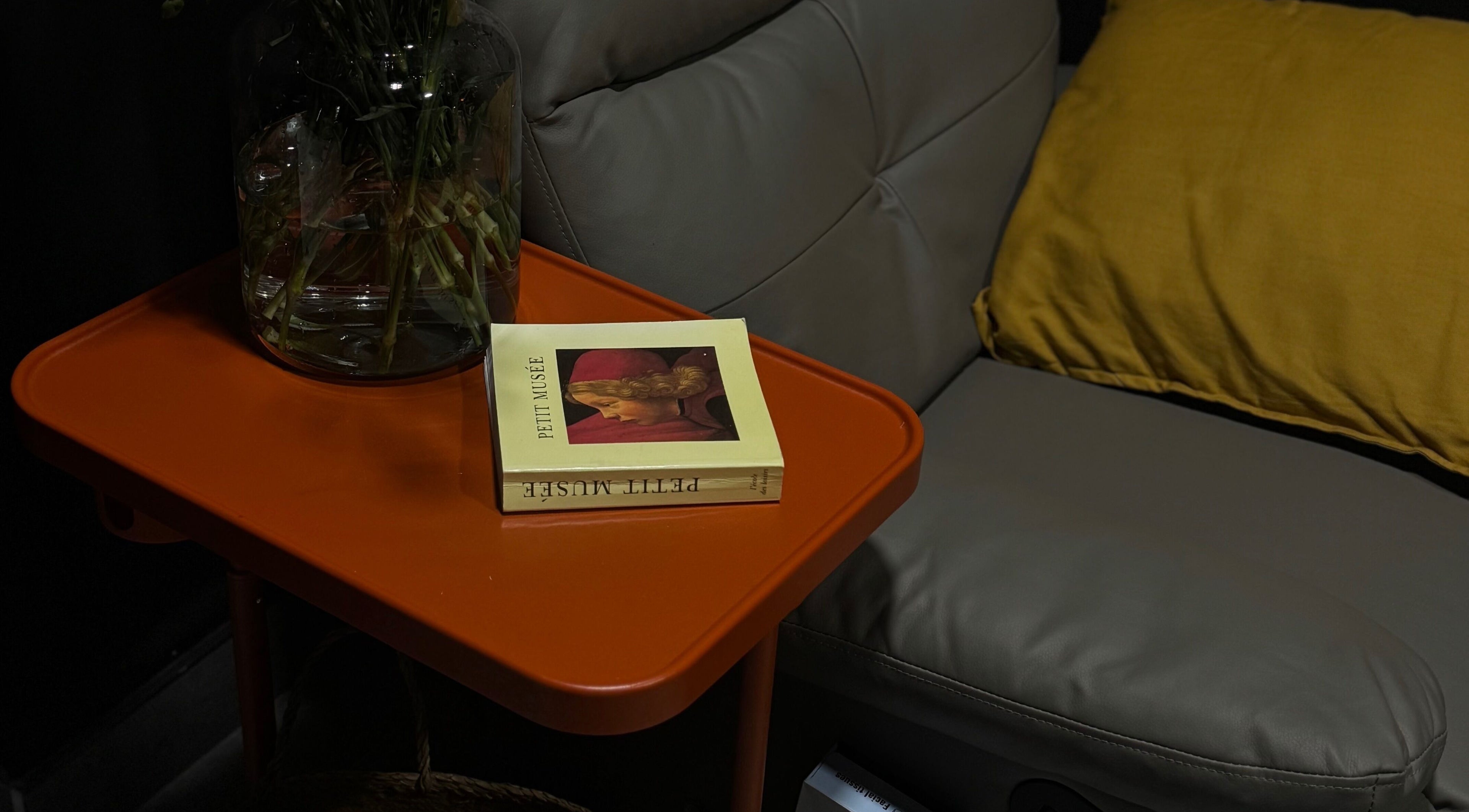 Комфортный уголок в Anastasiia, Bray, County Wicklow, IE с диваном, книгой и вазой.