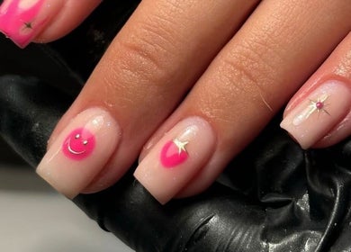 Pink smiley nail art at Biabs By Abs, Llansamlet, Wales, GB.