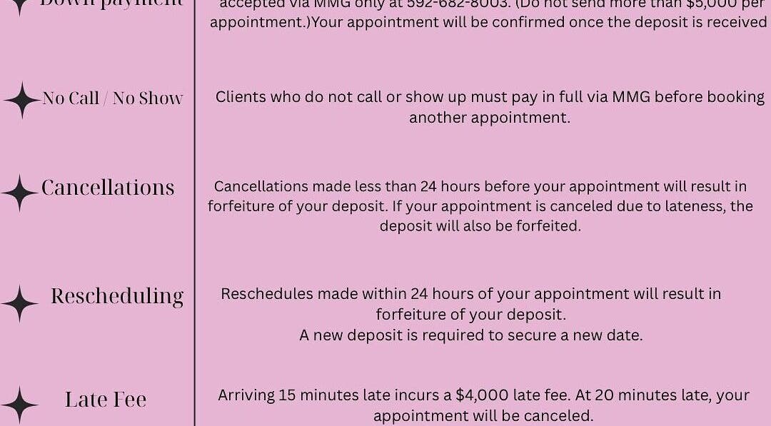 Sam’s Creation appointment policies in Georgetown, Demerara-Mahaica, GY on pink background.