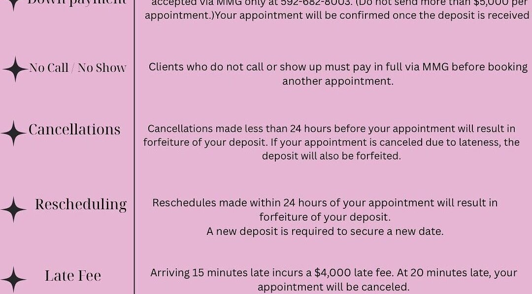 Sam’s Creation appointment policies in Georgetown, Demerara-Mahaica, GY on pink background.