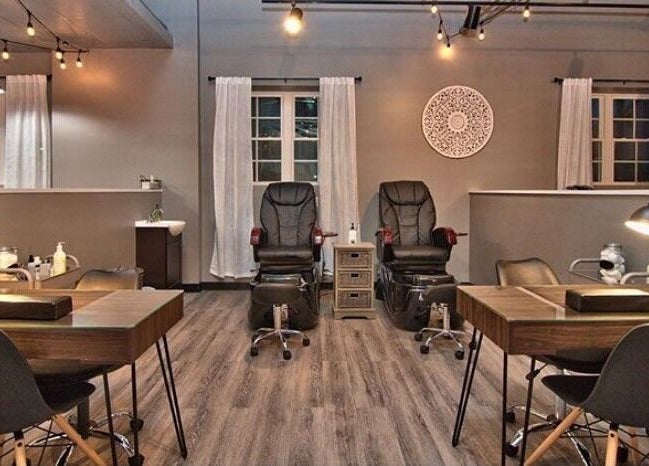 Welcoming nail service area at Stella Salon and Spa in Taylor, Pennsylvania, US with modern decor.