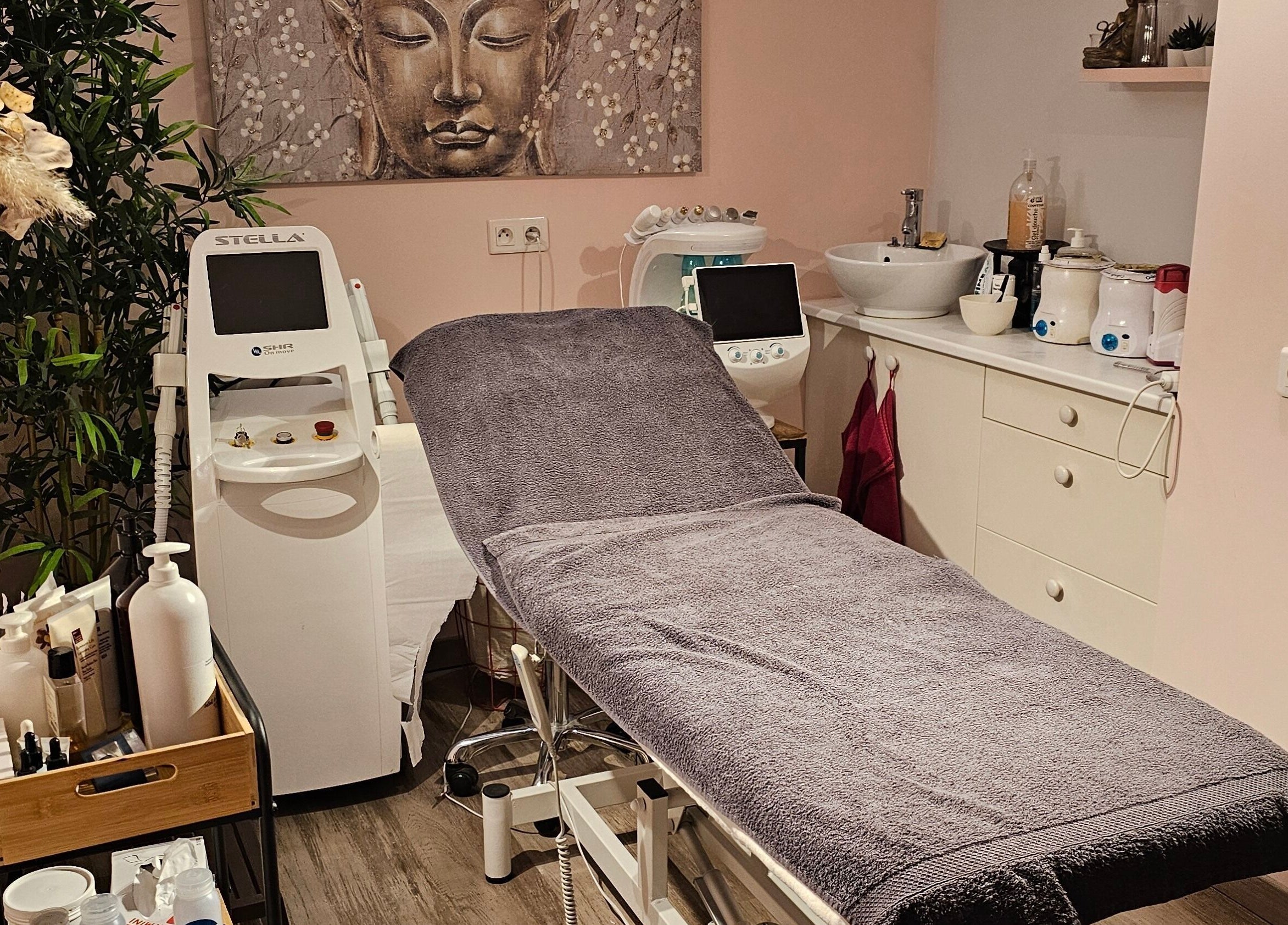 Salle de soin moderne à Sylvia beauté, La Fare-les-Oliviers, Provence-Alpes-Côte d'Azur, FR. Confort et technologie.