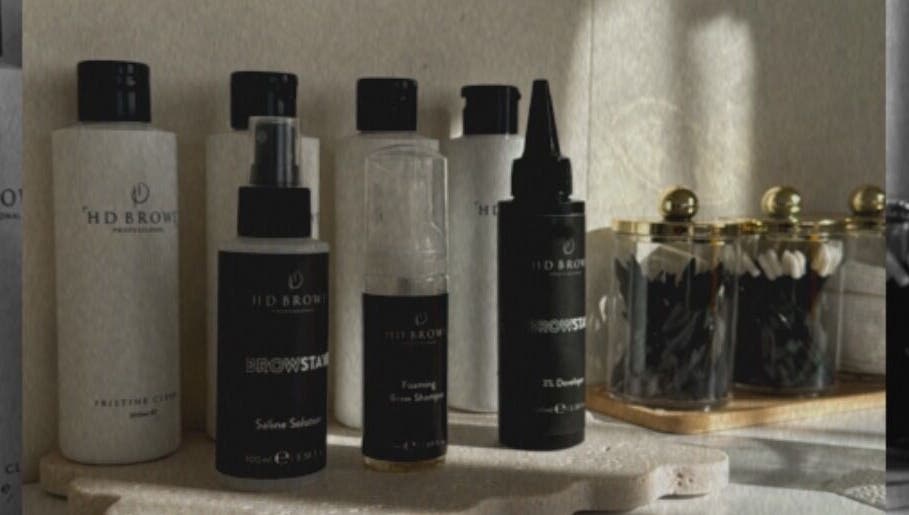 Display of brow products at House Of Brows, New Plymouth, Taranaki, NZ. Stylish setup in beauty venue.