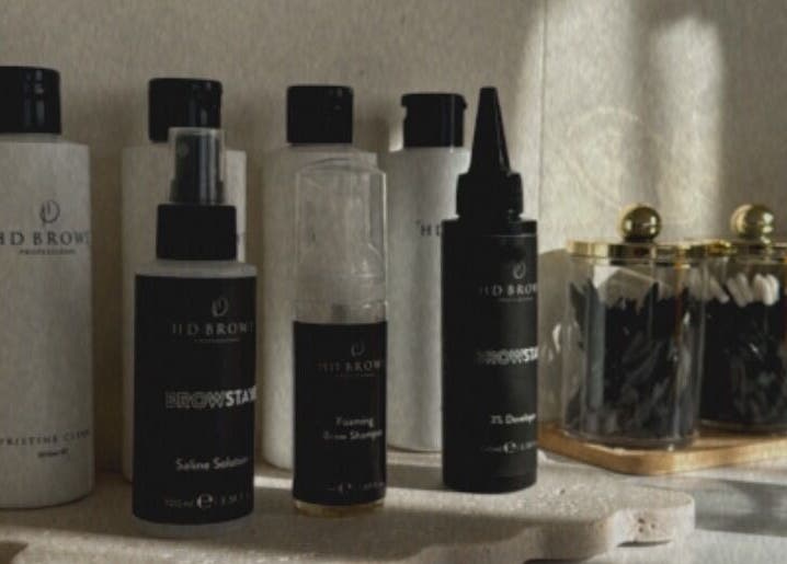 Display of brow products at House Of Brows, New Plymouth, Taranaki, NZ. Stylish setup in beauty venue.