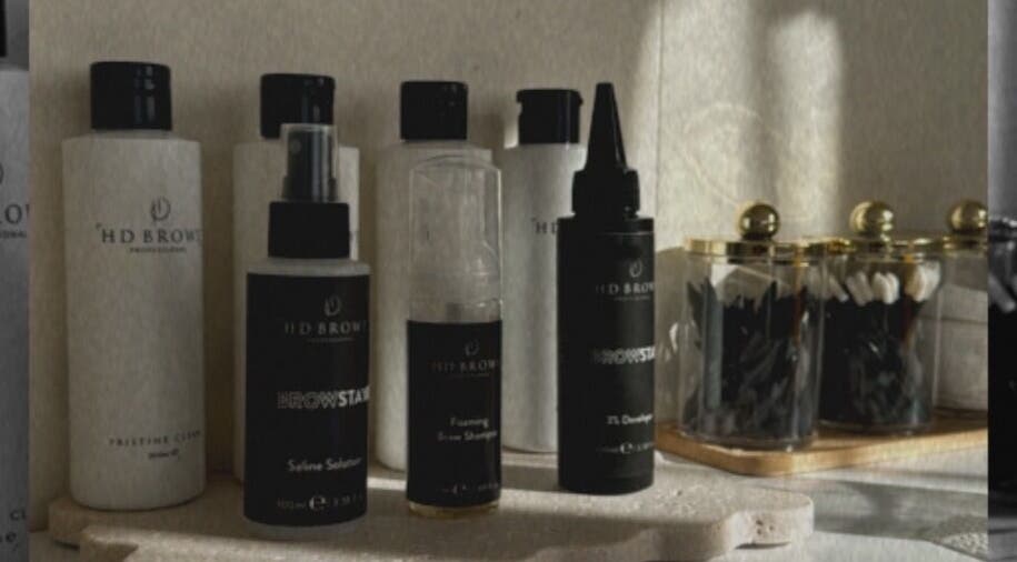 Display of brow products at House Of Brows, New Plymouth, Taranaki, NZ. Stylish setup in beauty venue.