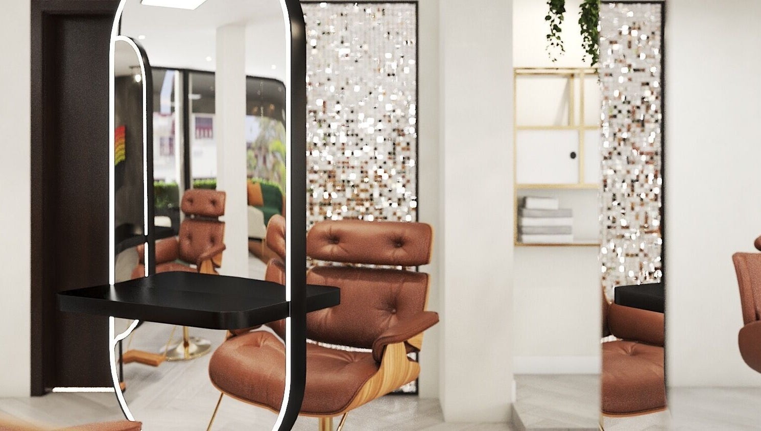 Elegant salon interior at Leena Hari, Colombo, Western Province, LK with stylish seating and modern mirror design.