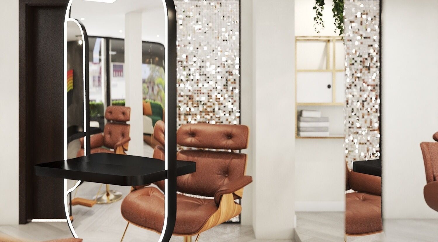 Elegant salon interior at Leena Hari, Colombo, Western Province, LK with stylish seating and modern mirror design.