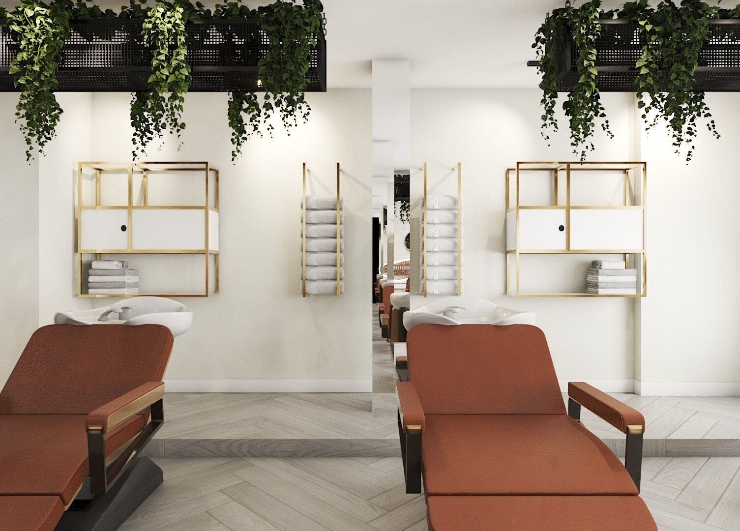 Elegant salon interior at Leena Hari, Colombo, Western Province, LK, featuring stylish chairs and greenery.