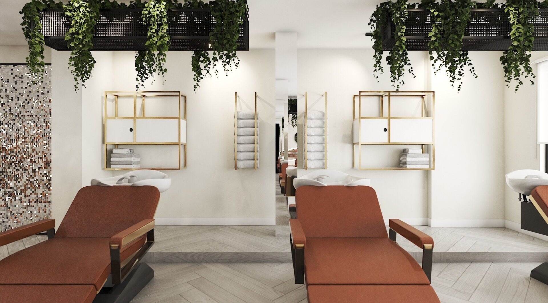 Elegant salon interior at Leena Hari, Colombo, Western Province, LK, featuring stylish chairs and greenery.