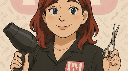 Caricatura de estilista en Paola Marie’s HairDo, Caguas, Caguas, PR, sosteniendo un secador y tijeras.