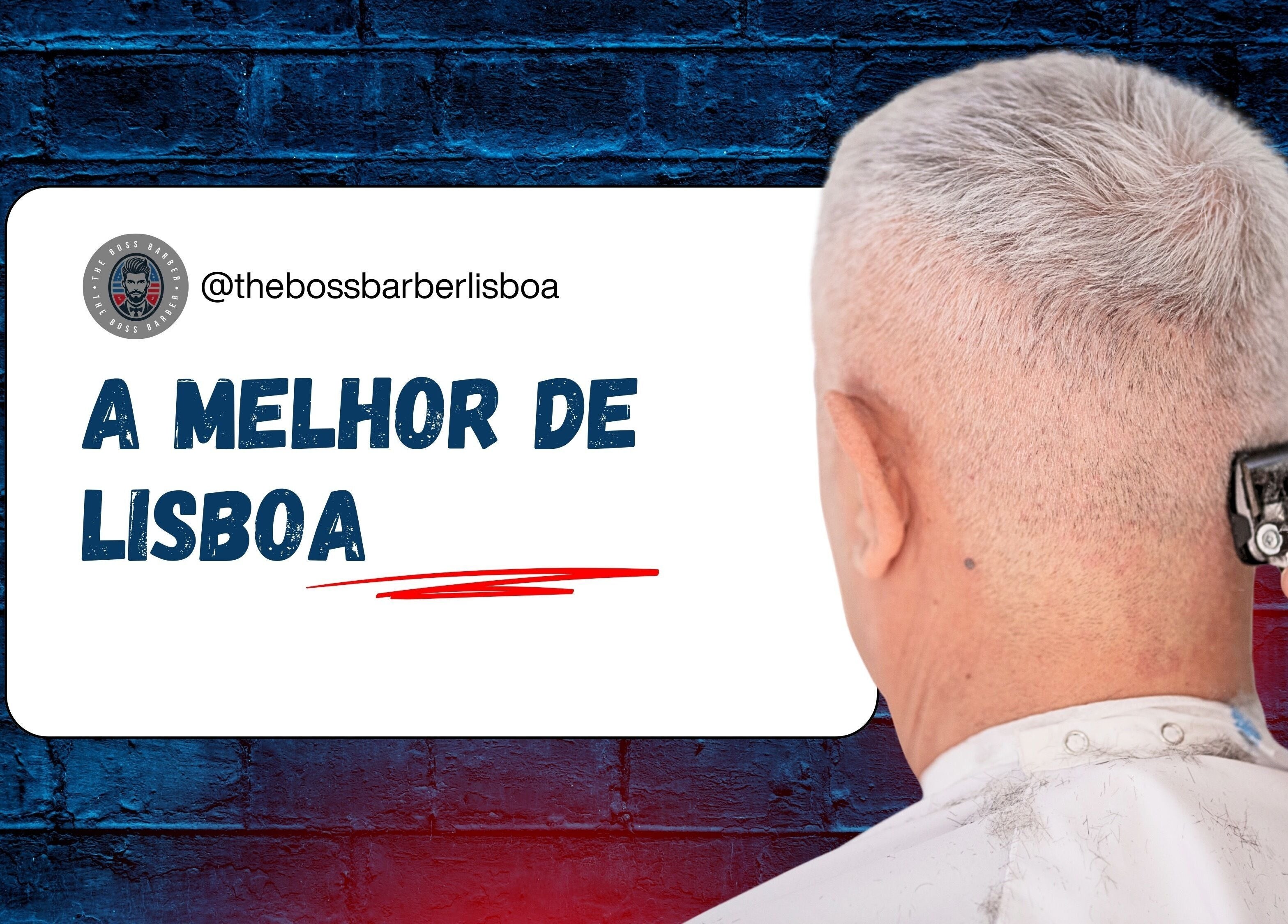 Corte de cabelo em THE BOSS BARBER | Barbearia Premium, Lisboa, PT com fundo de parede azul.
