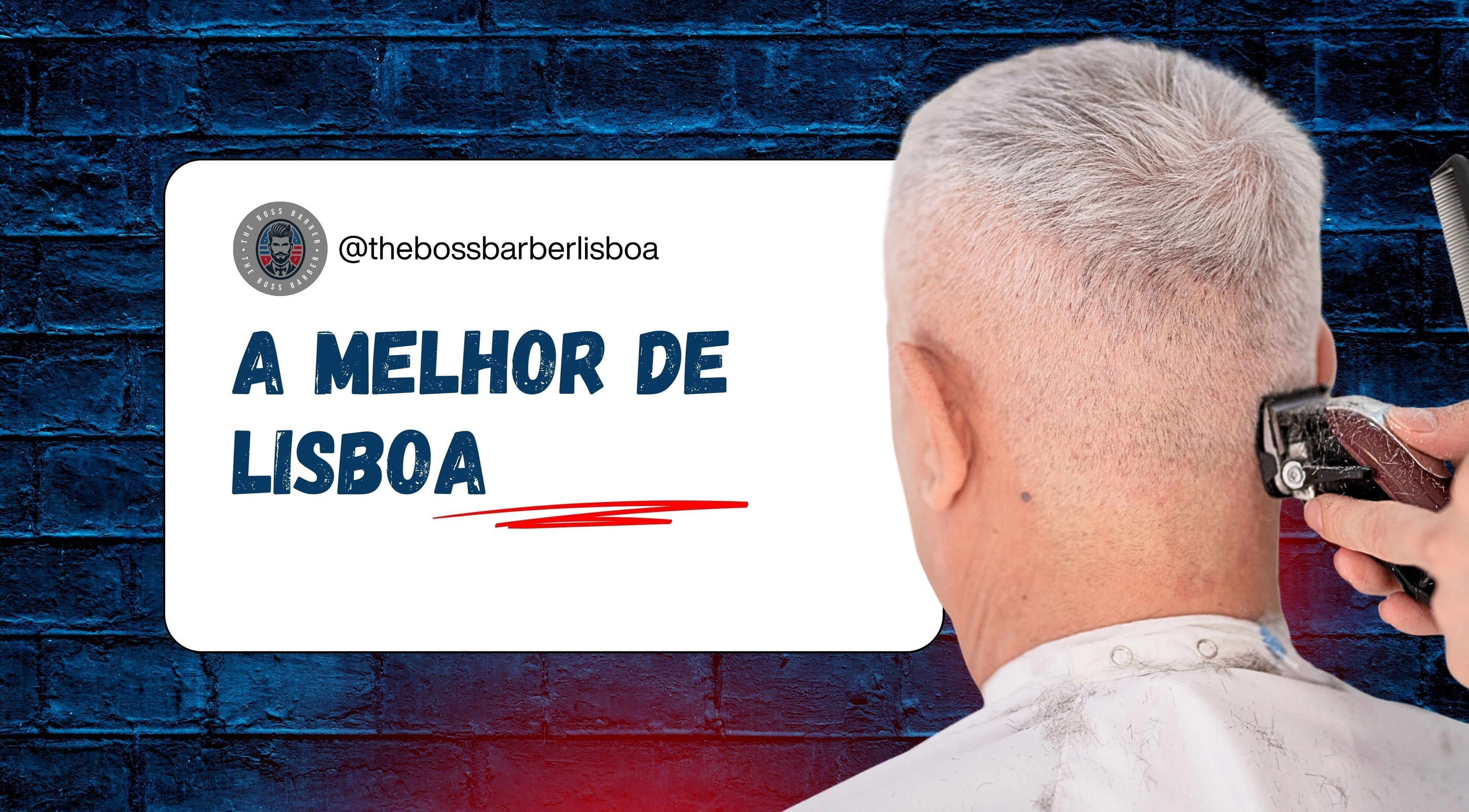 Corte de cabelo em THE BOSS BARBER | Barbearia Premium, Lisboa, PT com fundo de parede azul.