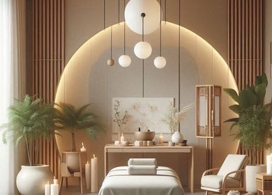 Ruhiger Spa-Raum bei Yinyang - Wellness.de, Dillingen, Bayern, DE mit modernen Beleuchtung und grüner Dekoration.