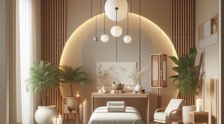 Ruhiger Spa-Raum bei Yinyang - Wellness.de, Dillingen, Bayern, DE mit modernen Beleuchtung und grüner Dekoration.