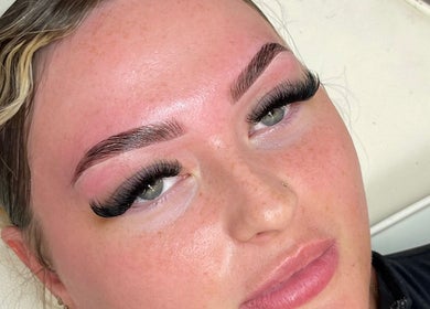 Close-up of expertly styled brows at V Lbeauty Mcr, Manchester, England, GB showcasing beauty results.