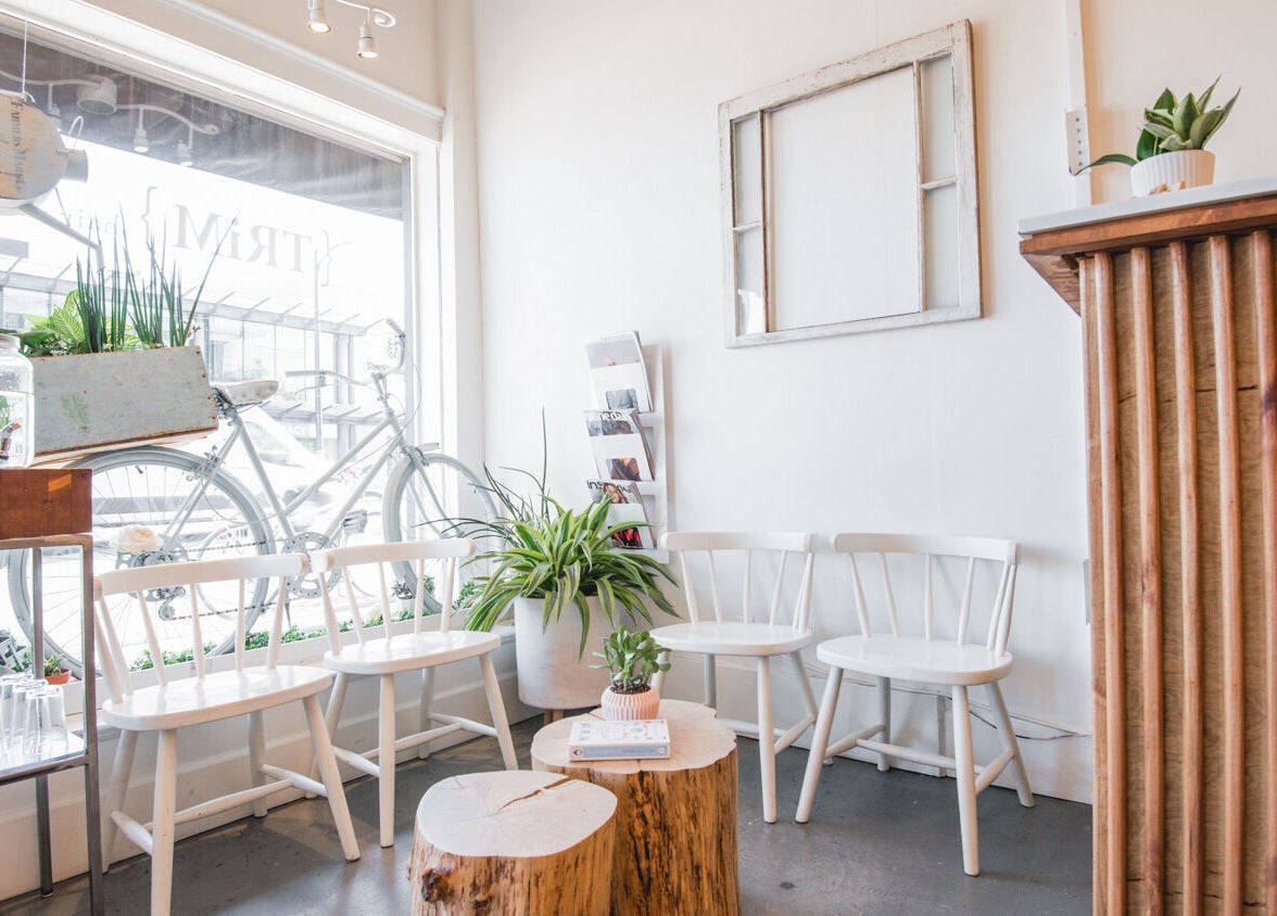 Inviting seating area at TRiM✂️ Hair Salon + Esthetics, Vancouver, British Columbia, CA.