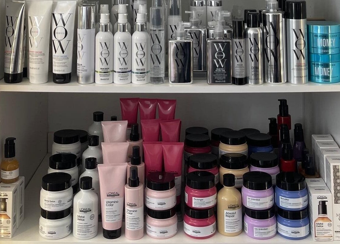 Shelf filled with premium haircare products at Hair by Hustle and Co, Richmond, Victoria, AU.