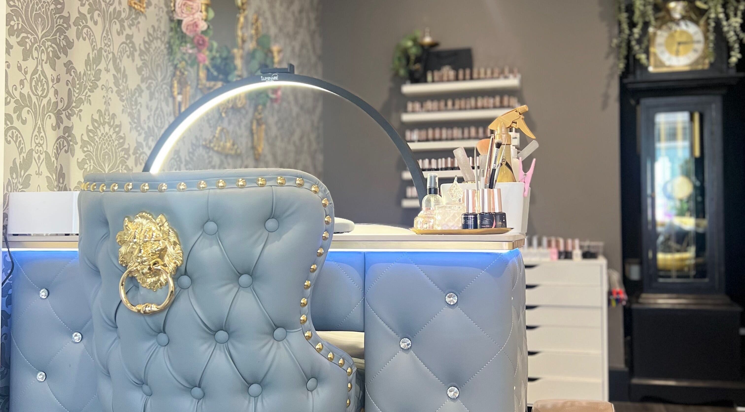 Luxurious manicure station at Gemmy Jay Nail Artist, Ringwood, England, GB, featuring plush decor and nail tools.
