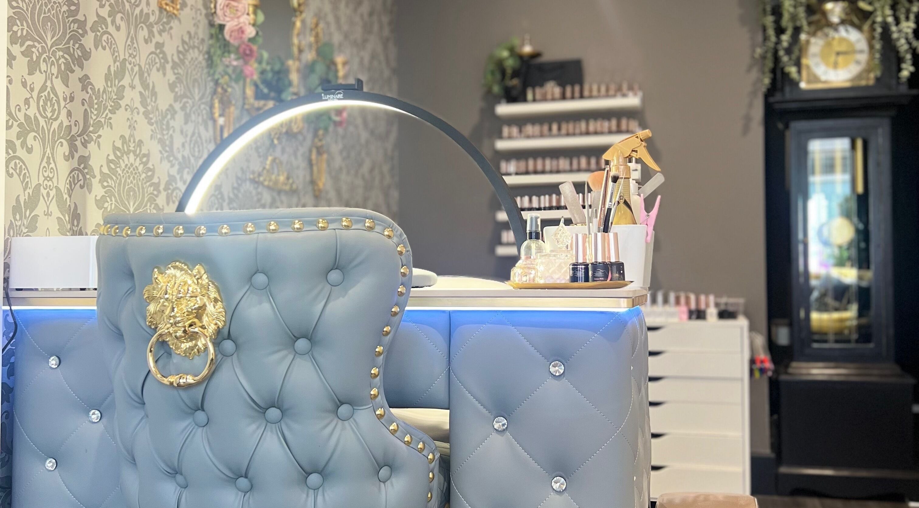 Luxurious manicure station at Gemmy Jay Nail Artist, Ringwood, England, GB, featuring plush decor and nail tools.