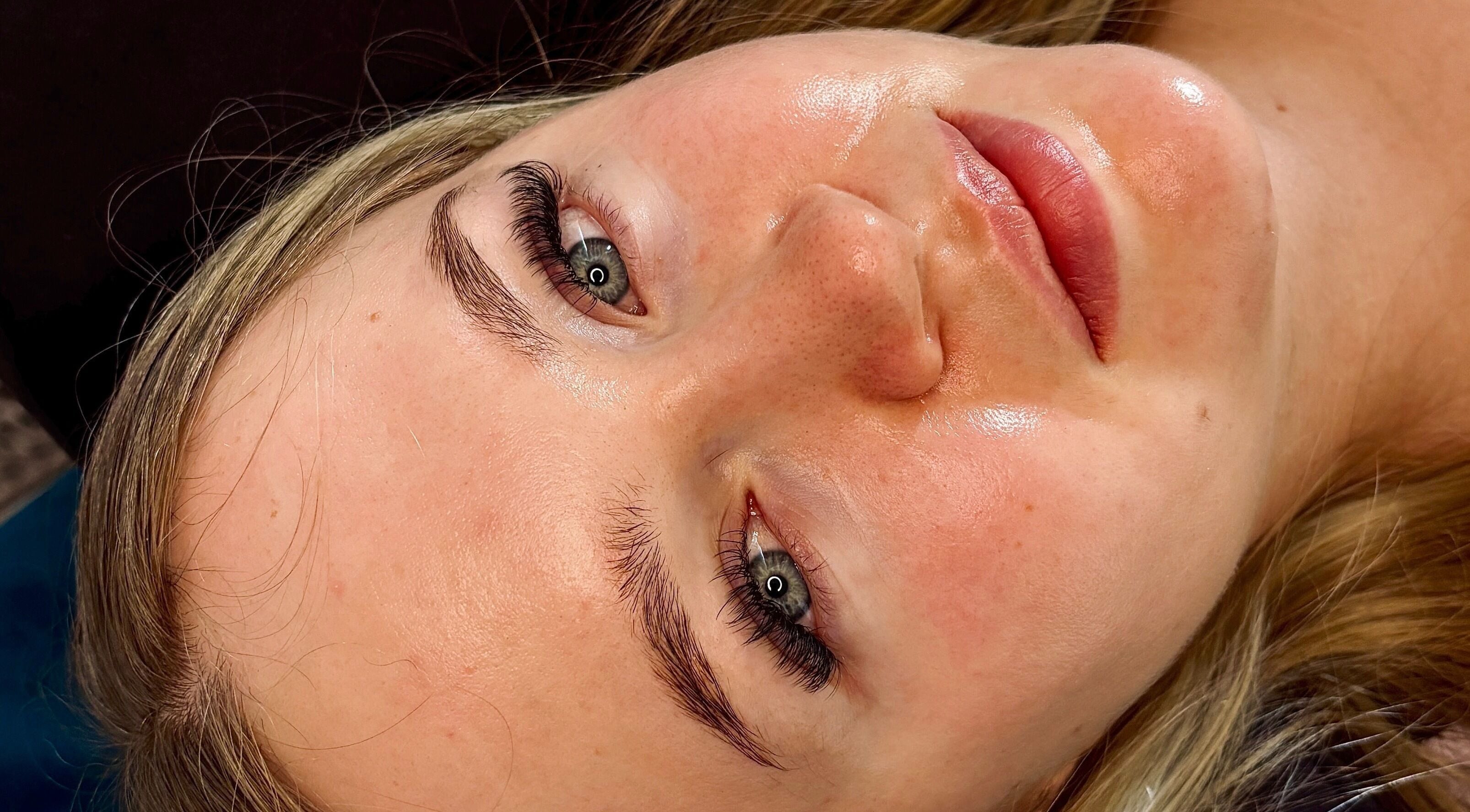 Close-up of a client's glowing skin post-treatment at House Of Gaia, Newmarket, England, GB.