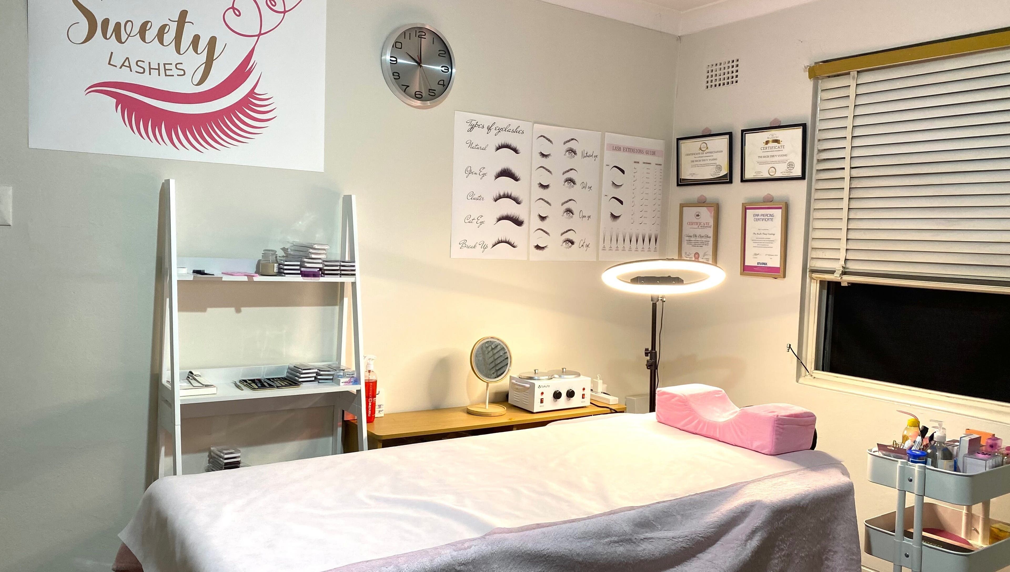 Sweety Lashes cozy treatment room in Campsie, New South Wales, AU, showcasing professional lash tools and decor.