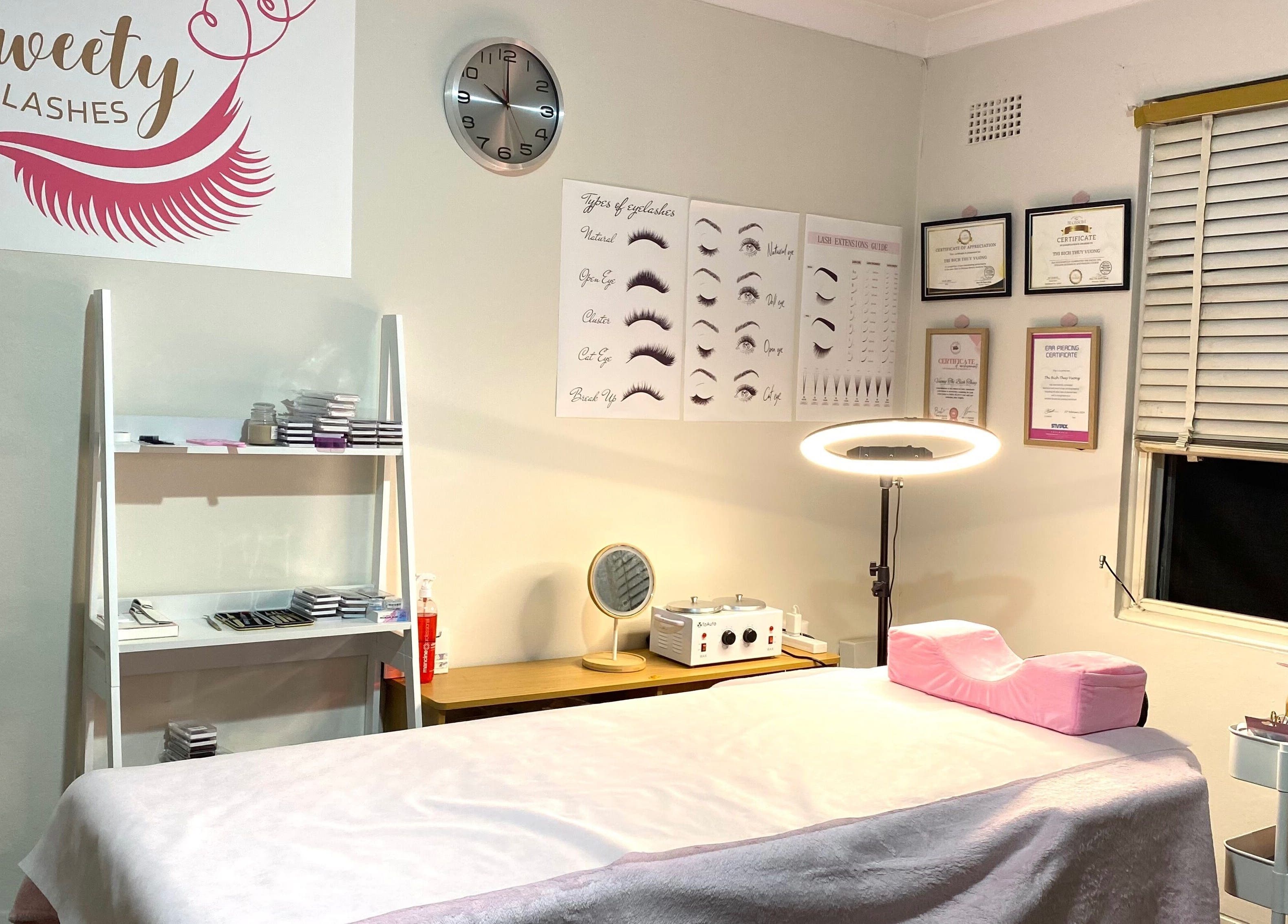 Sweety Lashes cozy treatment room in Campsie, New South Wales, AU, showcasing professional lash tools and decor.