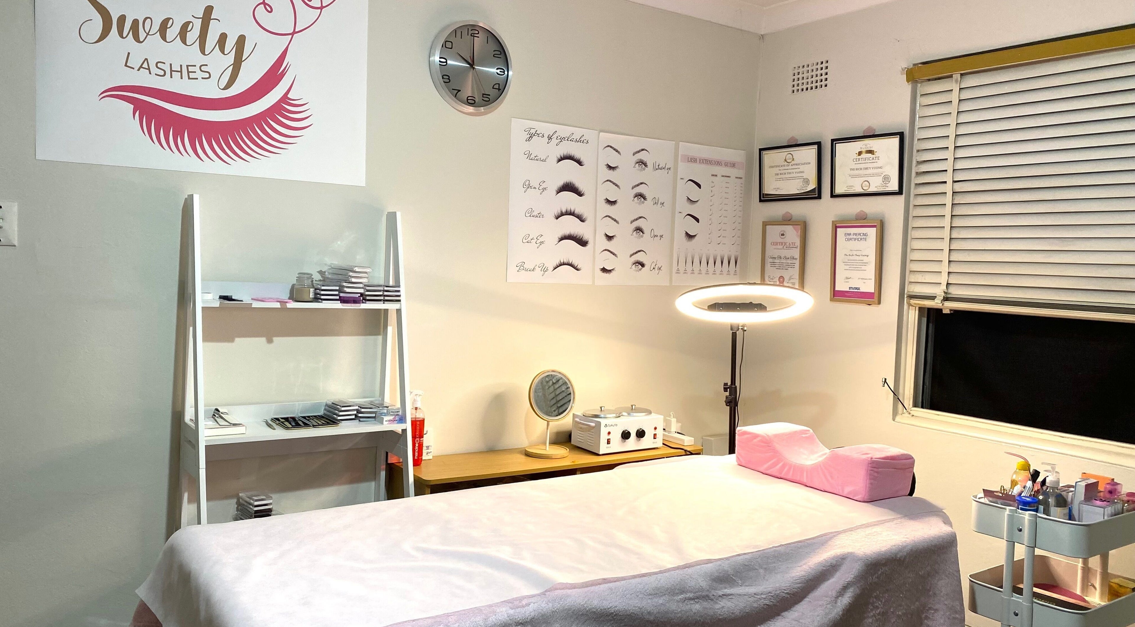 Sweety Lashes cozy treatment room in Campsie, New South Wales, AU, showcasing professional lash tools and decor.