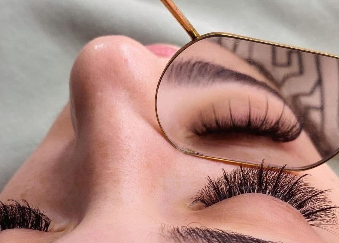 Close-up of eyelash extensions in mirror reflection at Sweety Lashes, Campsie, New South Wales, AU.