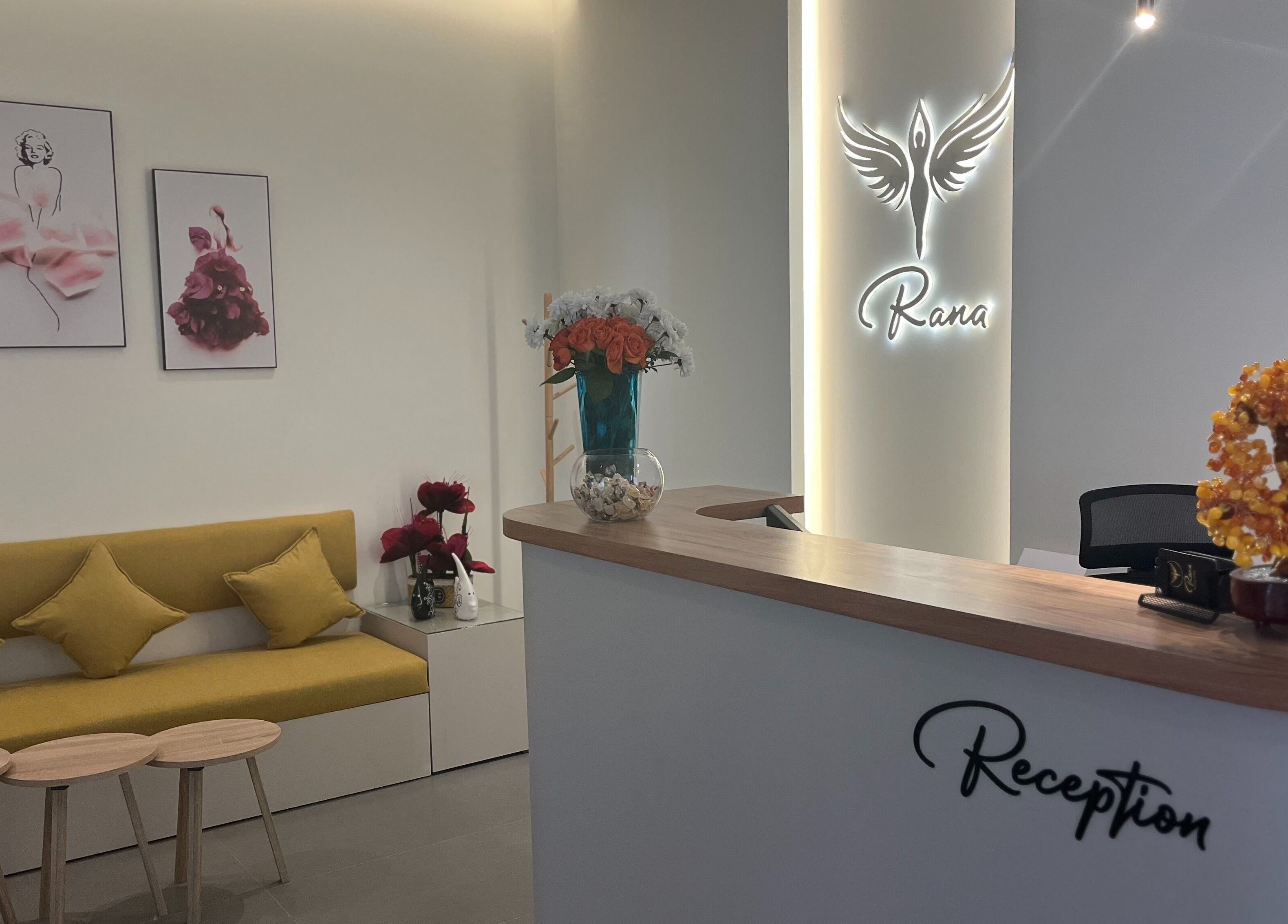 Reception area at Rana Beauty Salon, Muscat, with stylish decor and cozy seating for guests.