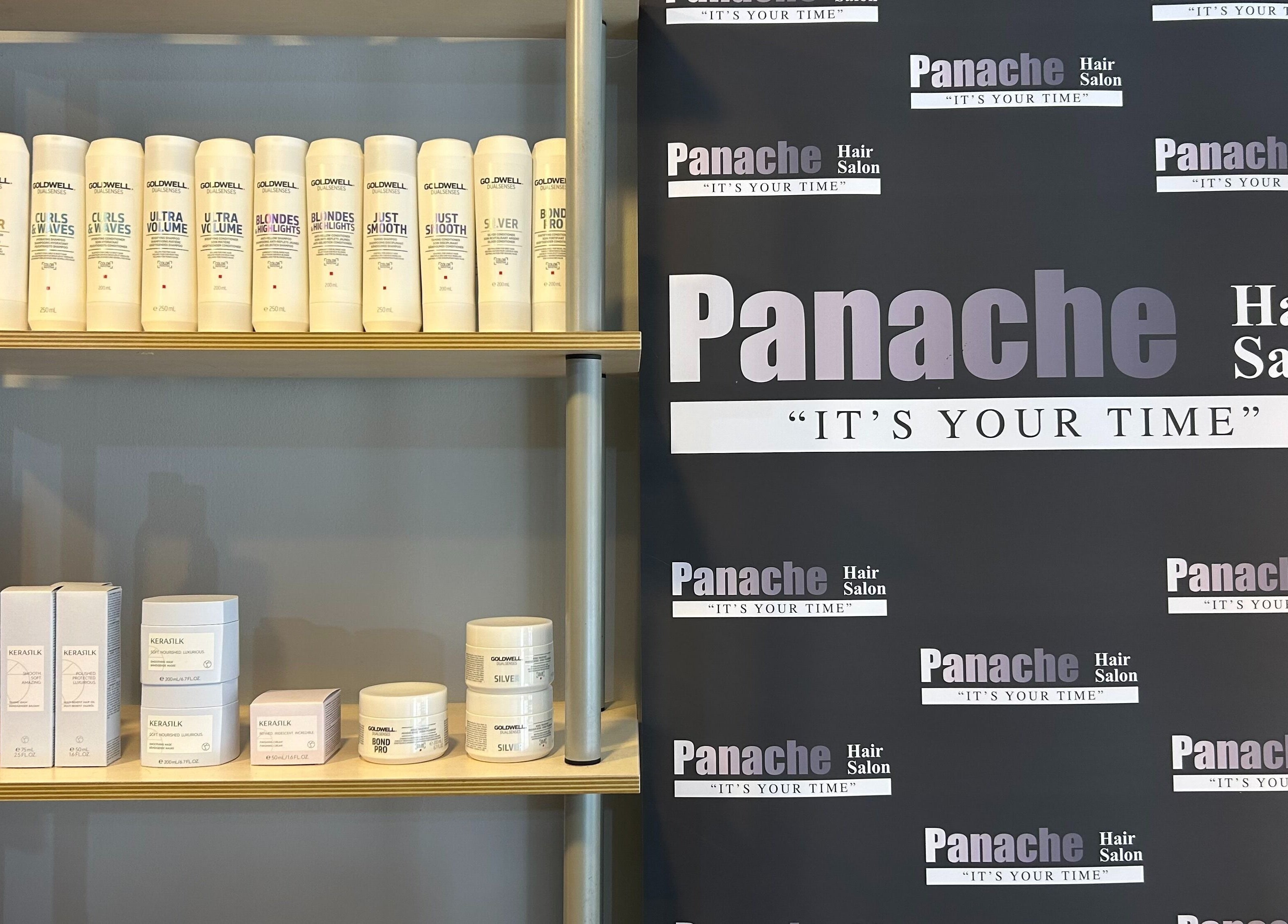 Product display at Panache Hair and Beauty Salon, Battle, England, GB featuring premium hair care brands.