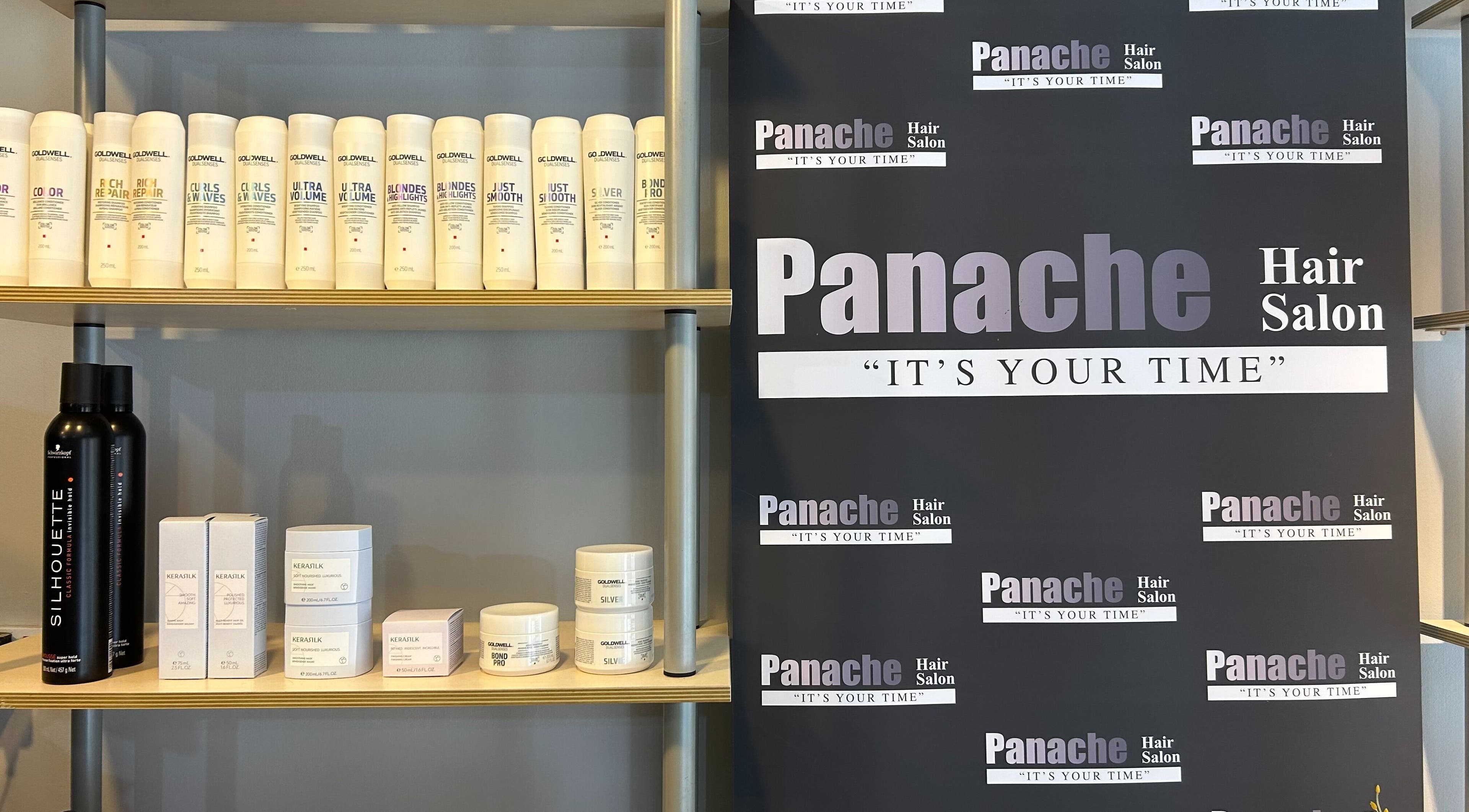 Product display at Panache Hair and Beauty Salon, Battle, England, GB featuring premium hair care brands.