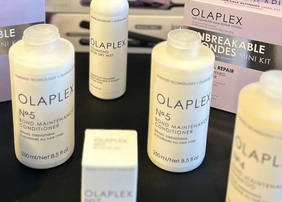 Olaplex hair products displayed at Panache Hair and Beauty Salon, Battle, England, GB.