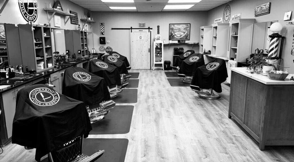 Lombardo's Barber Shop interior in Southington, Connecticut, US, featuring classic barber chairs and decor.