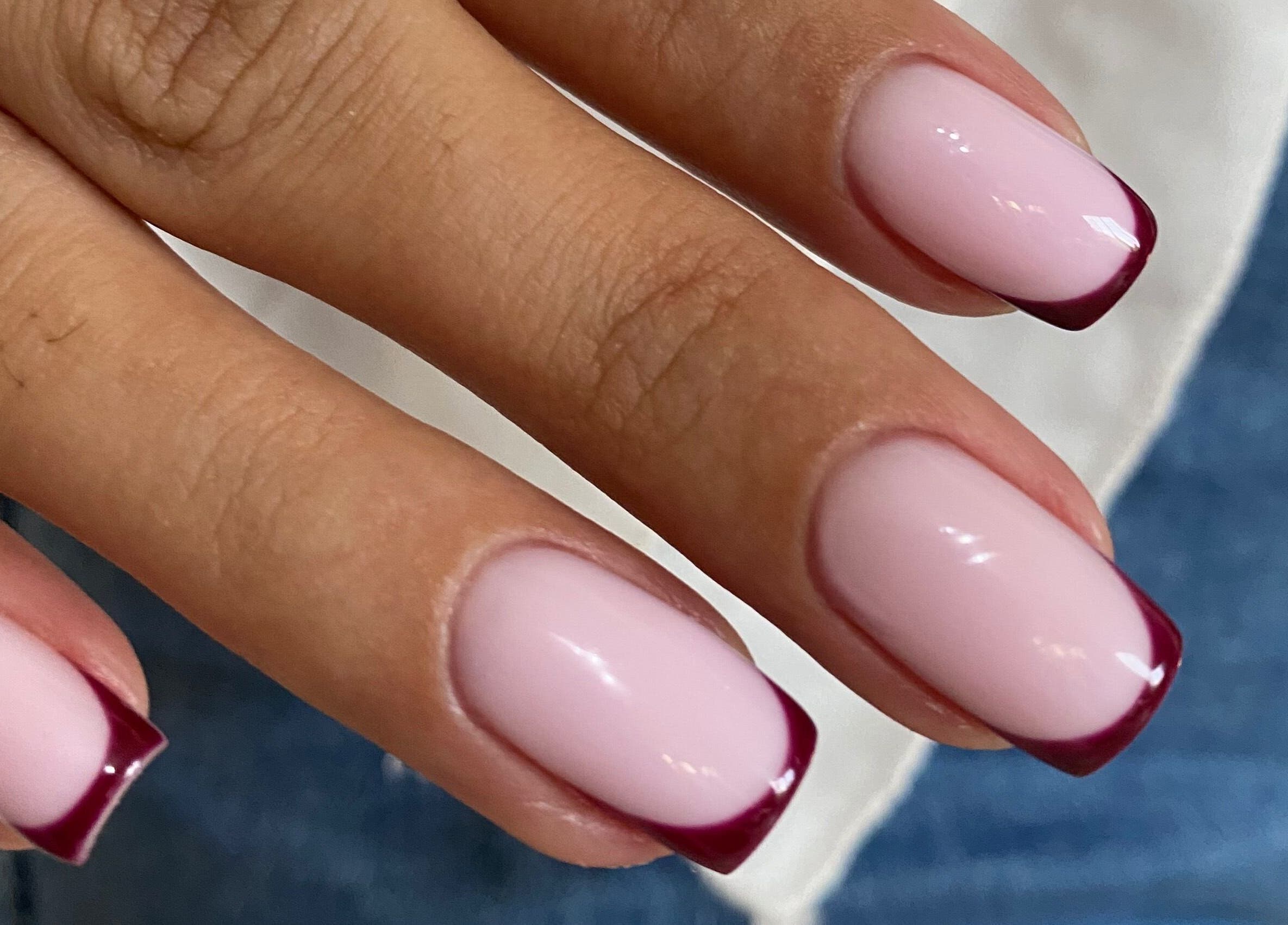 Chic purple French manicure at Ana’s Nails Studio, Paramaribo, Paramaribo, SR.