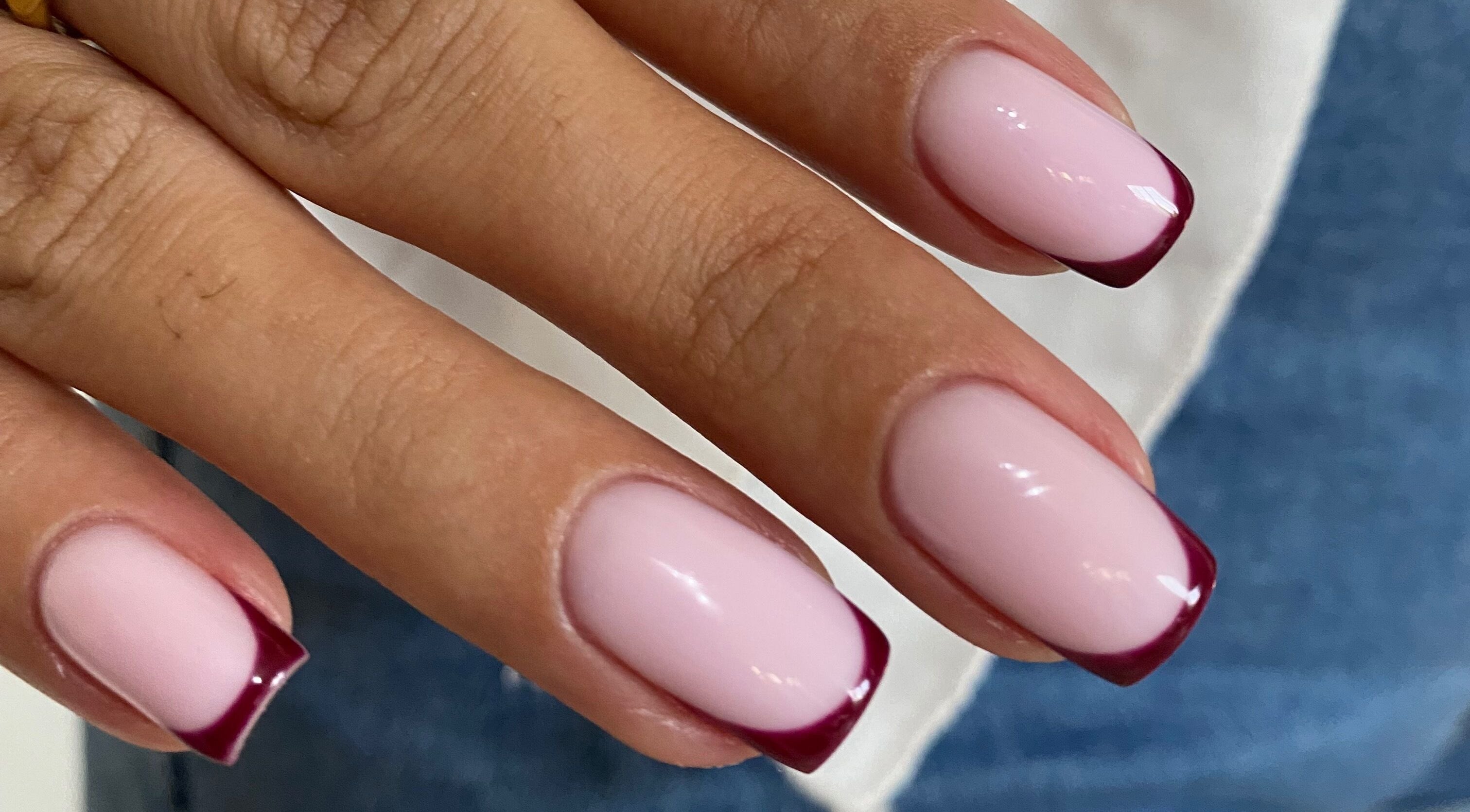 Chic purple French manicure at Ana’s Nails Studio, Paramaribo, Paramaribo, SR.