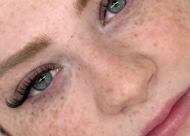 Close-up of client's enhanced eyelashes at Luxe Lash by DK, Newcastle upon Tyne, England, GB.