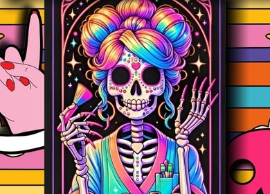 Colorful skeleton artwork with rainbow hair, inspired by J.m.nails, Fair Oak, England, GB.