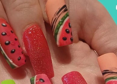 Bright watermelon nail art at J.m.nails, Fair Oak, England, GB, showcasing vibrant summer designs.